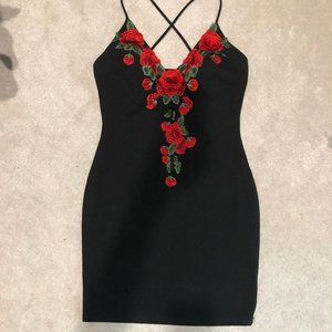 Windsor Black Dress with Red Embroidered Roses